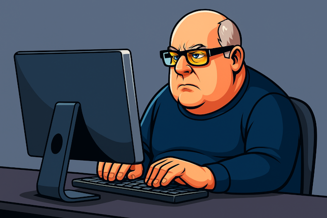 A serious looking caricature of myself, sitting at my computer, and focused on the screen in front of me.