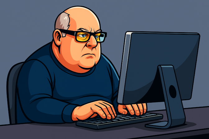 A serious looking caricature of myself, sitting at my computer, and focused on the screen in front of me.
